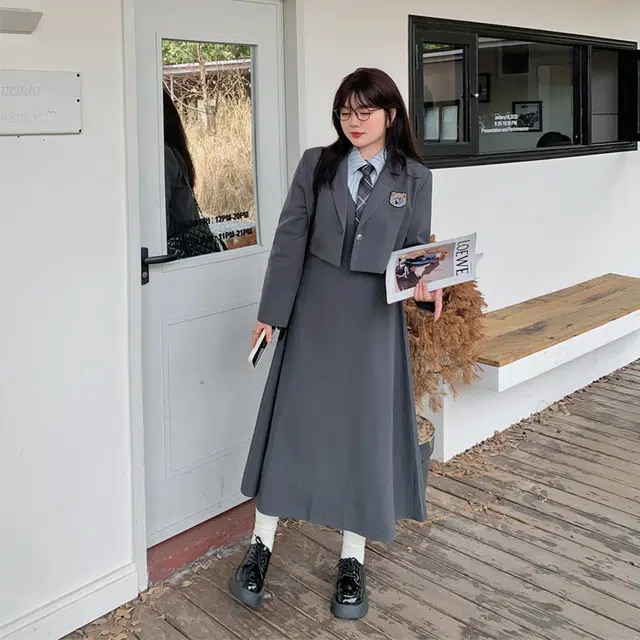 惟友 胖女生秋款秋装胖妹妹显瘦穿搭胖妹妹胖人西服外套连衣裙大码女装裙装套装 女款 复古学院风西装领带