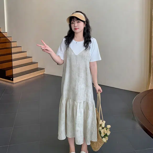 惟友 胖妹妹显瘦女装大码胖女生连衣裙夏季胖女孩穿搭裙子鱼尾裙 女款 设计感假两件休闲风