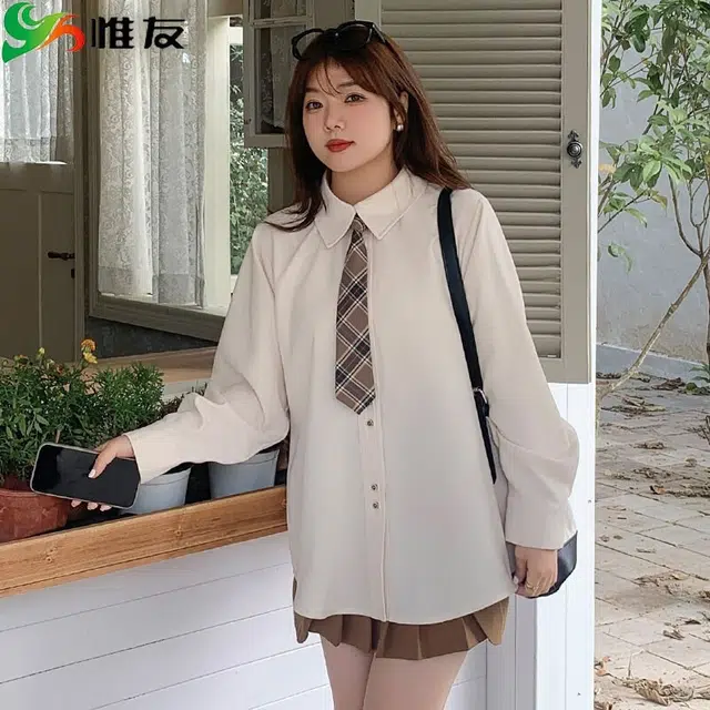 惟友 胖妹妹显瘦女装大码秋装上衣胖女生穿搭胖女孩秋款气质学院风衬衫 女款