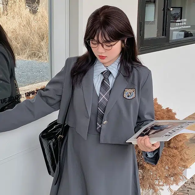 惟友 胖女生秋款秋装胖妹妹显瘦穿搭胖妹妹胖人西服外套连衣裙大码女装裙装套装 女款 复古学院风西装领带