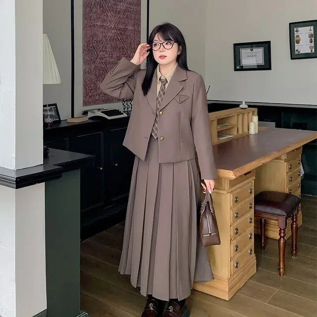 惟友 大码女装穿搭秋款秋装胖女孩显瘦胖妹妹胖女生裙装套装 女款 学院风气质西服衬衫半身裙三件套
