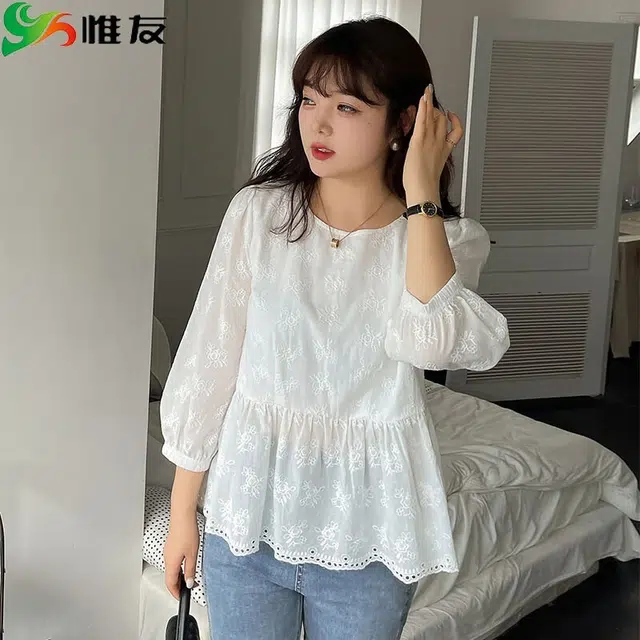 惟友 胖妹妹显瘦女装大码秋装上衣胖女孩穿搭胖女生秋款精棉刺绣简约时尚俏皮可爱衬衫 女款