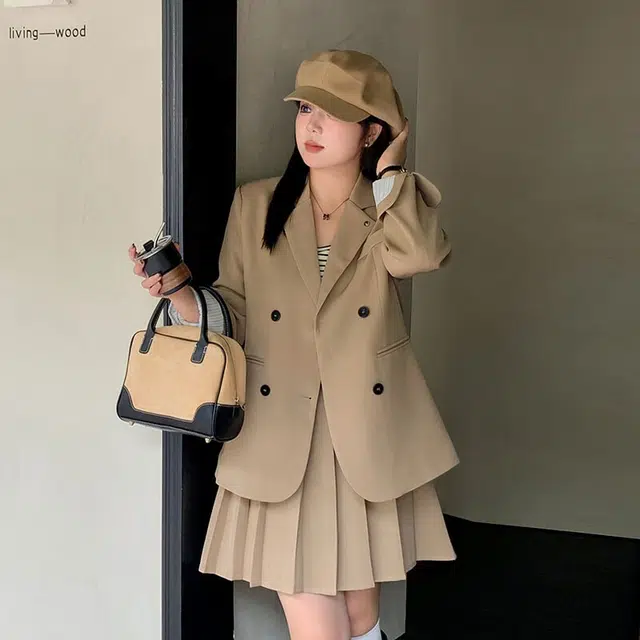 惟友 大码女装秋款秋装胖妹妹显瘦穿搭胖妹妹胖女生休闲套装 女款 学院风活泼时尚西服百褶裙气质两件套