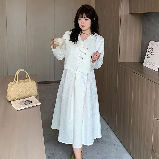 惟友 大码女装胖女生穿搭秋款秋装裙装套装 胖妹妹显瘦胖人 女款 中式改良版吊带裙外套