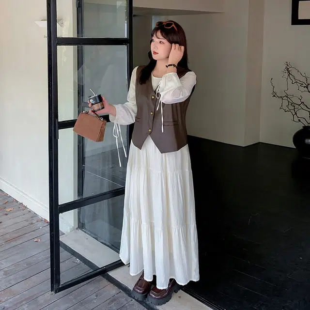 惟友 胖女生穿搭秋款秋装胖妹妹显瘦胖妹妹胖人大码女装浪漫氛围感仙女蛋糕裙马甲裙装套装 女款