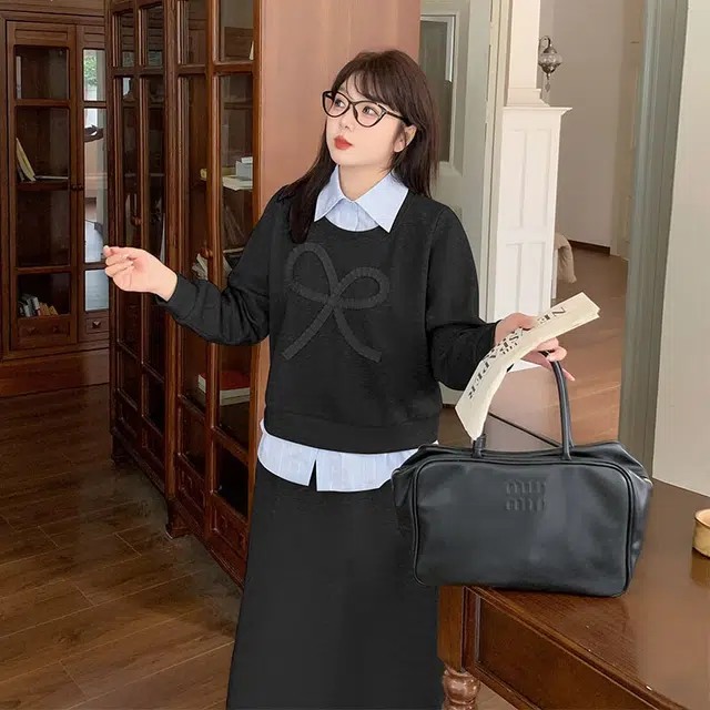 惟友 胖女生秋款秋装胖女孩显瘦穿搭胖妹妹胖人减龄气质学院风宽松显瘦卫衣半身裙大码女装套装 女款