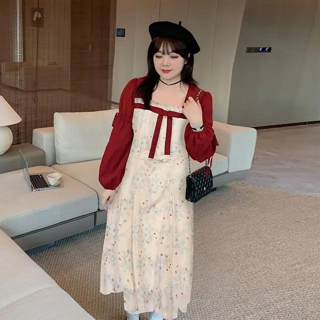 惟友 胖女生显瘦连衣裙胖妹妹女装大码秋装秋款裙子胖女孩穿搭碎花裙 女款 中国风方领优雅改良舒适汉服
