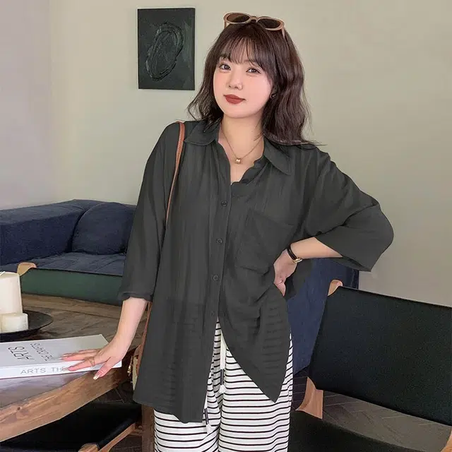 惟友 胖妹妹显瘦女装大码秋装衬衫上衣胖女生穿搭胖女孩秋款微透防晒轻薄空调杉  女款