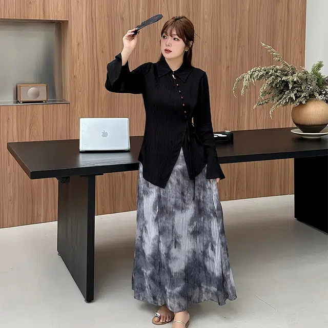 惟友 胖女生穿搭秋款秋装胖妹妹显瘦胖人大码女装裙装套装 国风水墨 女款