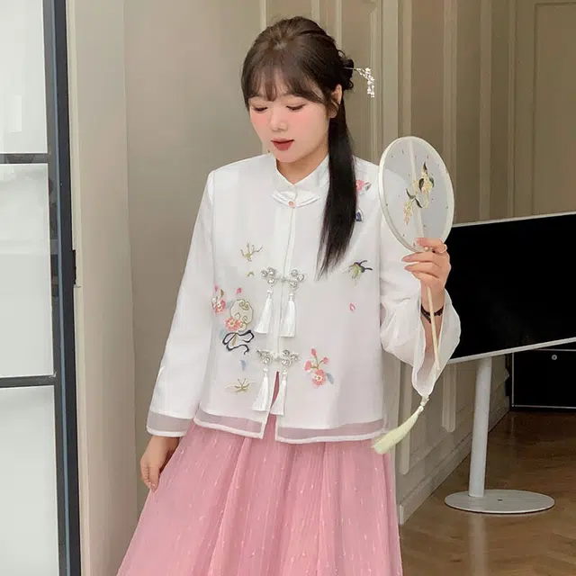 惟友 胖女生穿搭胖女孩胖妹妹显瘦女装国风衬衫 大码秋装秋款氛围感刺绣盘扣亮片小衫 女款
