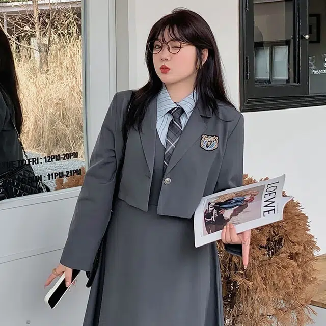 惟友 胖女生秋款秋装胖妹妹显瘦穿搭胖妹妹胖人西服外套连衣裙大码女装裙装套装 女款 复古学院风西装领带