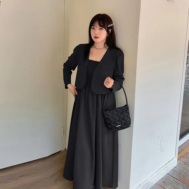 惟友 大码女装胖女生秋款秋装裙装套装 微胖显瘦穿搭胖妹妹胖人设计感吊带裙外套 女款