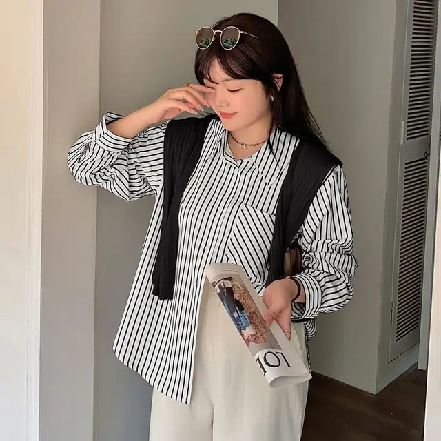 惟友 大码女装上衣秋款秋装胖妹妹显瘦胖女孩穿搭胖女生条纹披肩衬衫 女款