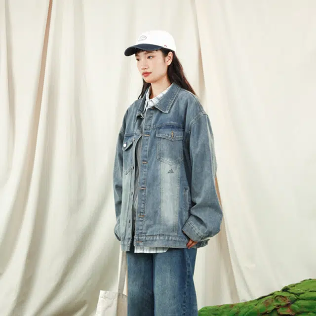 悍戈 美式日系工装风复古做旧单排扣翻领百搭上衣牛仔外套 男女同款 蓝色