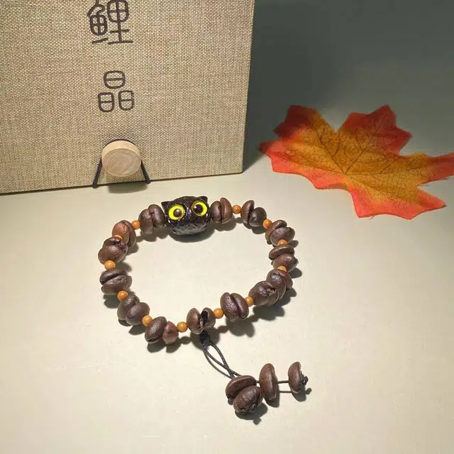鲤晶 国潮文玩 招财猫咪搭配醒神咖啡豆 单圈 学院风 紫光檀 木作手串 男女同款情侣款 紫光檀