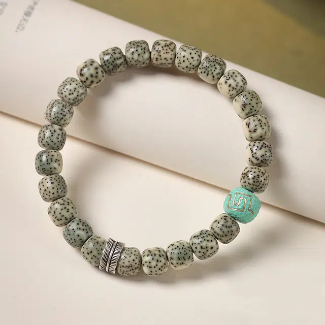 陌阡雪 原生态绿阴皮石玉料高密文玩佛珠单圈 星月菩提 手串 男女同款情侣款