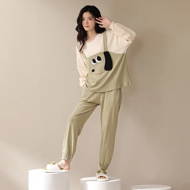浪莎 可爱卡通舒适面料家居服百搭颜色柔软材质起居服休闲款式外穿方便睡衣套装 女款
