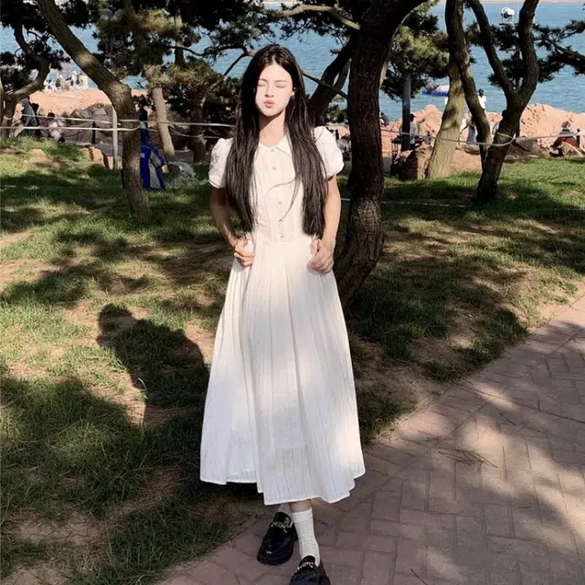 欧阳喜 学院风翻领泡泡袖收腰气质短袖连衣裙 女款
