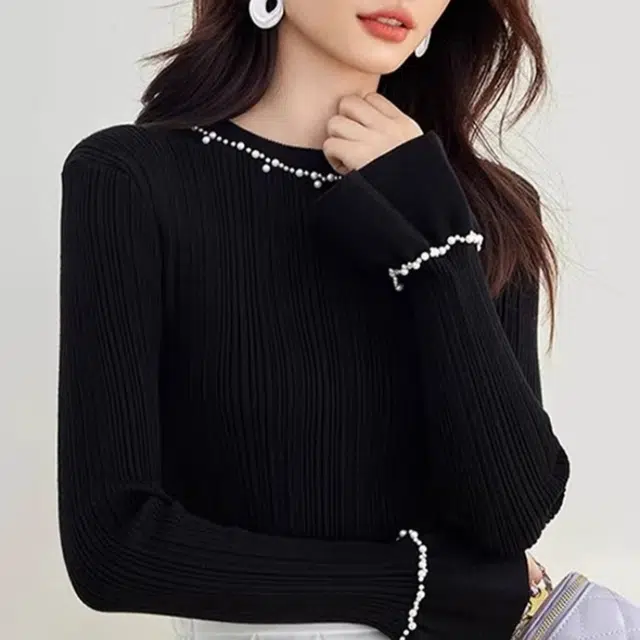 欧阳喜 韩版设计感喇叭袖优雅赫本风毛衣 女款