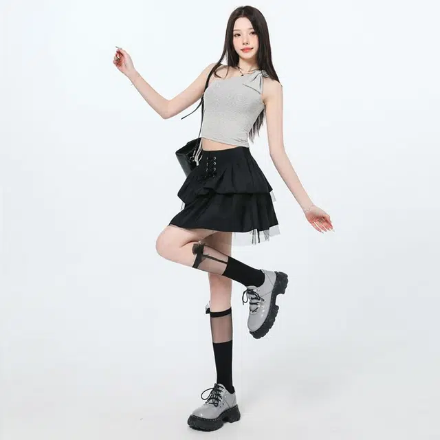 欧阳喜 芭蕾风蓬蓬高腰网纱小个子系带款日系休闲短裙 女款 黑色