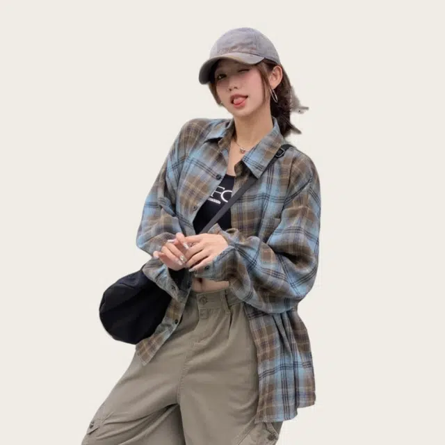 欧阳喜 宽松翻领舒适休闲长袖衬衫 女款 蓝色格子