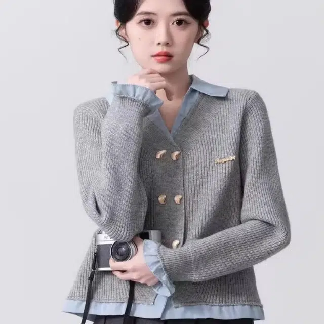 欧阳喜 假两件学院风拼接开衫外套短款长袖针织衫 女款