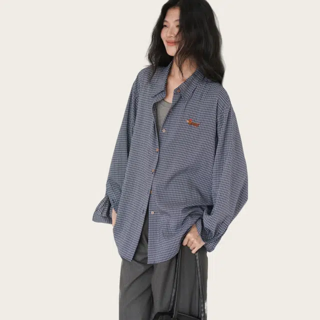 欧阳喜 港风百搭韩系休闲长袖衬衫 女款 靛蓝格