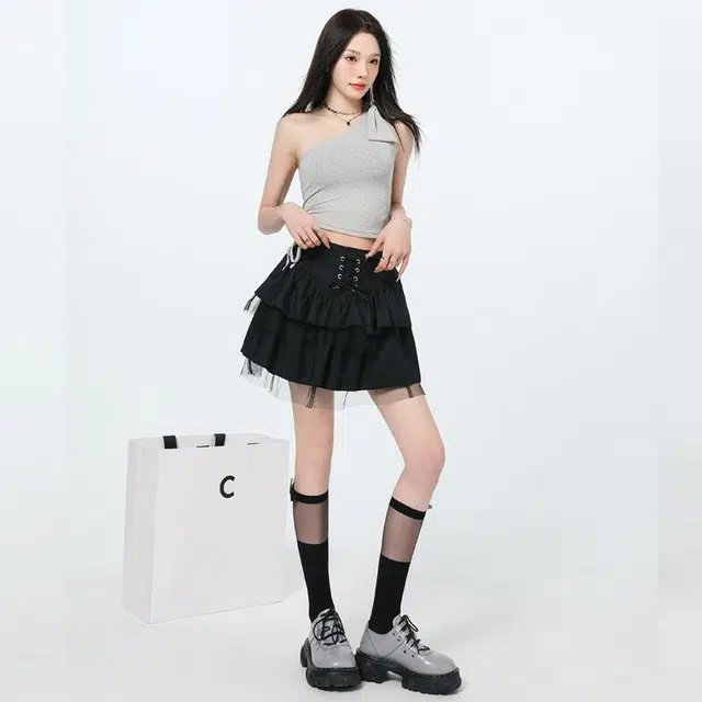 欧阳喜 芭蕾风蓬蓬高腰网纱小个子系带款日系休闲短裙 女款 黑色