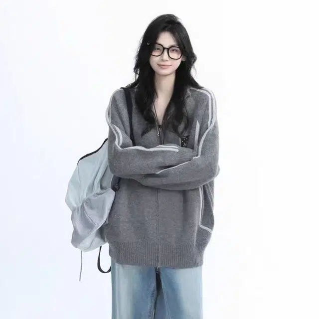 欧阳喜 美式复古街头针织开衫外套宽松潮牌长袖毛衣 女款