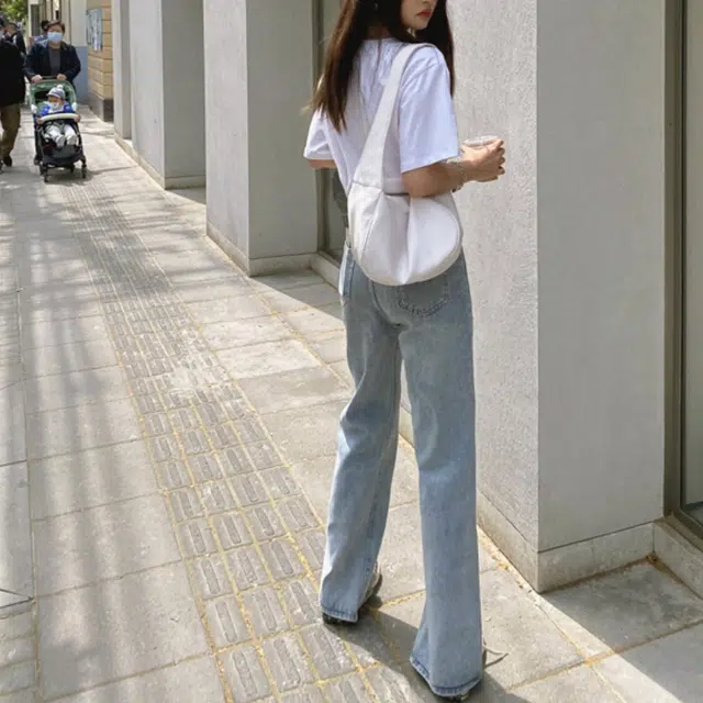 欧阳喜 拖地裤开叉高腰百搭宽松直筒阔腿牛仔裤 女款