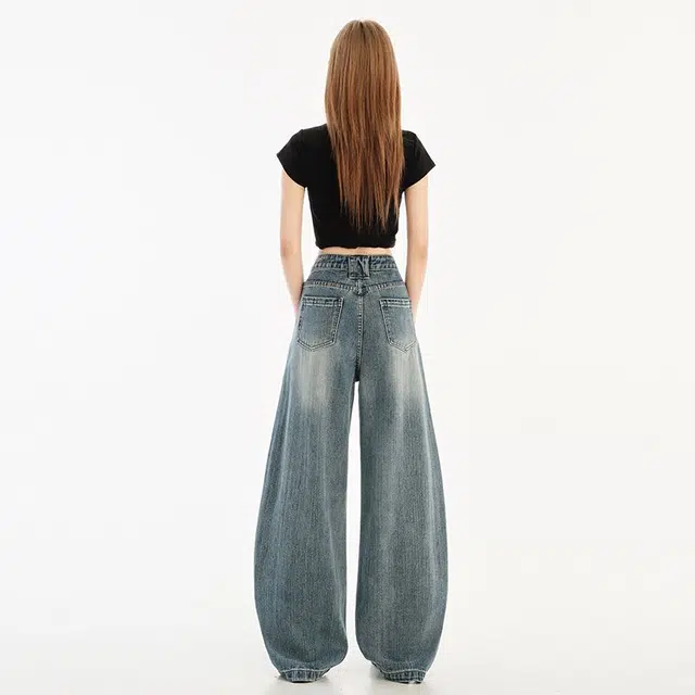欧阳喜 节解构宽松弯刀美式复古水洗阔腿牛仔裤女 女款