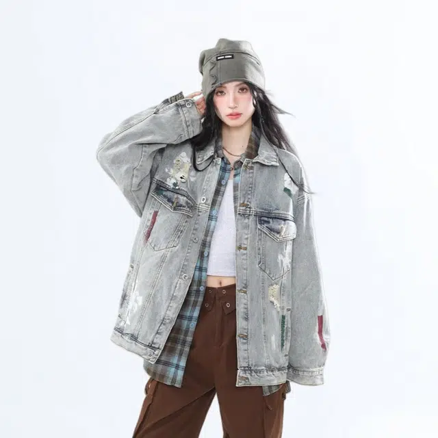 欧阳喜 水洗潮牌高街设计感宽松翻领长袖牛仔外套 女款 蓝色