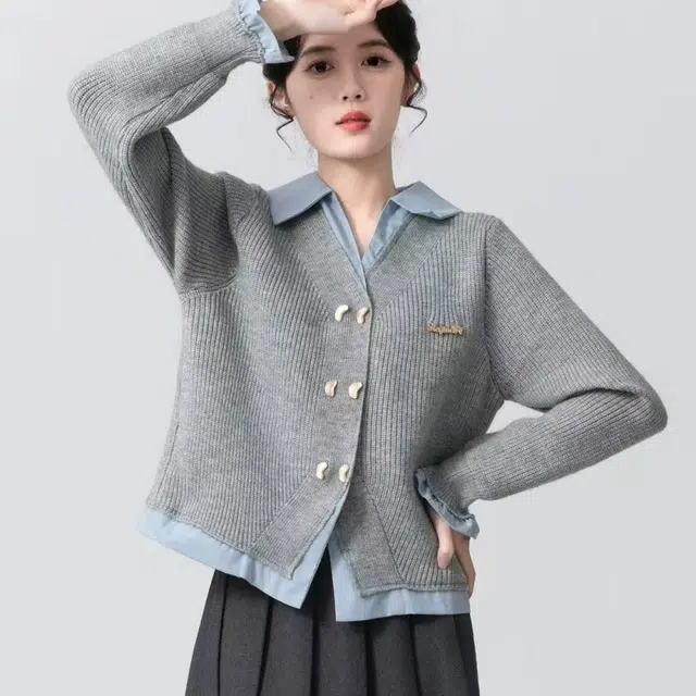 欧阳喜 假两件学院风拼接开衫外套短款长袖针织衫 女款