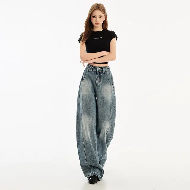 欧阳喜 节解构宽松弯刀美式复古水洗阔腿牛仔裤女 女款