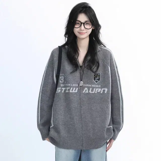 欧阳喜 美式复古街头针织开衫外套宽松潮牌长袖毛衣 女款