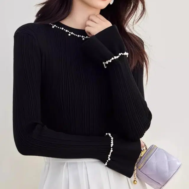 欧阳喜 韩版设计感喇叭袖优雅赫本风毛衣 女款