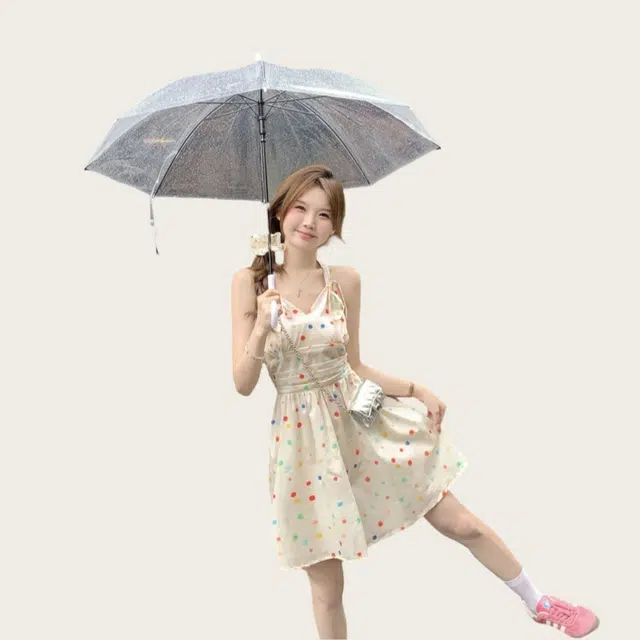 欧阳喜 韩版甜美波点小个子气质高级感无袖连衣裙 女款 杏色