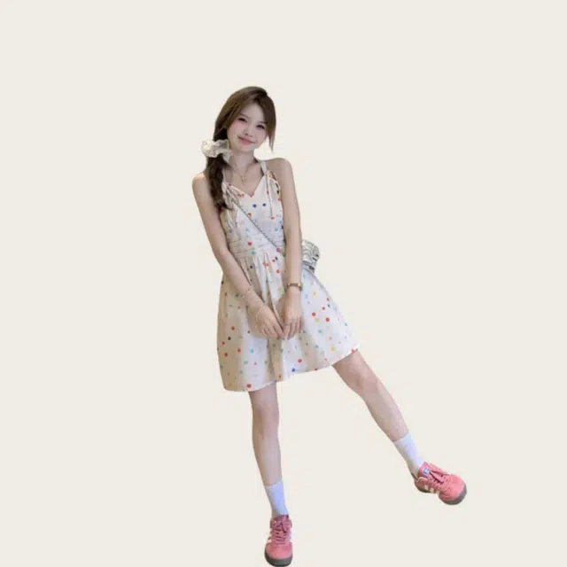 欧阳喜 韩版甜美波点小个子气质高级感无袖连衣裙 女款 杏色
