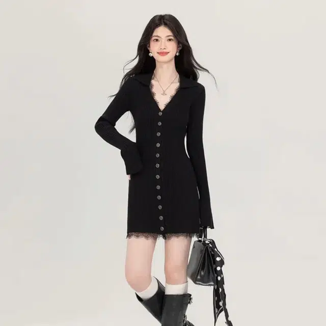 欧阳喜 法式花开百搭修身简约长袖连衣裙 女款 黑色