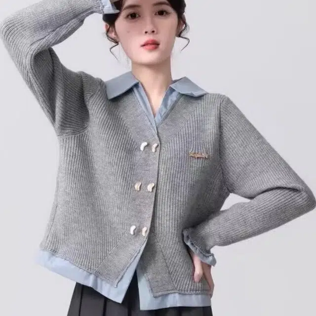 欧阳喜 假两件学院风拼接开衫外套短款长袖针织衫 女款