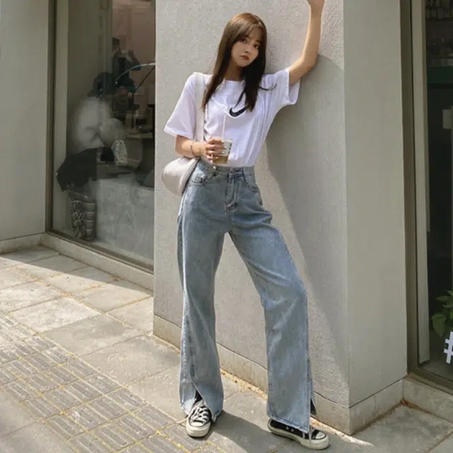 欧阳喜 拖地裤开叉高腰百搭宽松直筒阔腿牛仔裤 女款