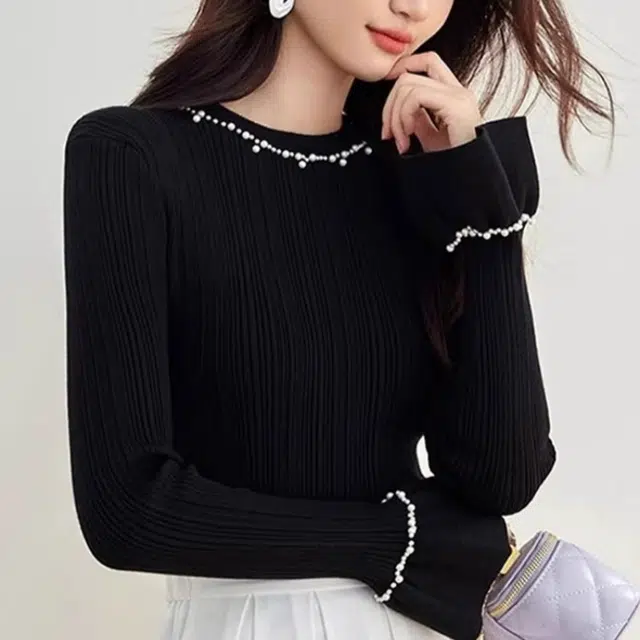 欧阳喜 韩版设计感喇叭袖优雅赫本风毛衣 女款