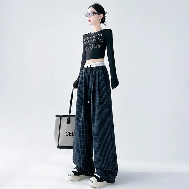 欧阳喜 复古格子宽松高腰阔腿裤复古港风休闲裤 女款
