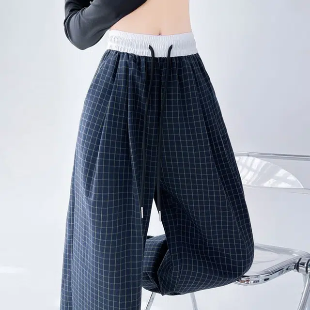 欧阳喜 复古格子宽松高腰阔腿裤复古港风休闲裤 女款