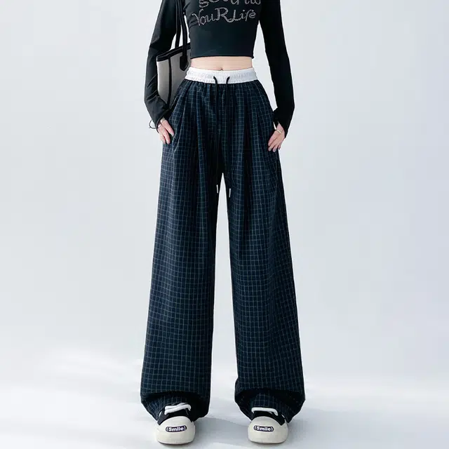 欧阳喜 复古格子宽松高腰阔腿裤复古港风休闲裤 女款