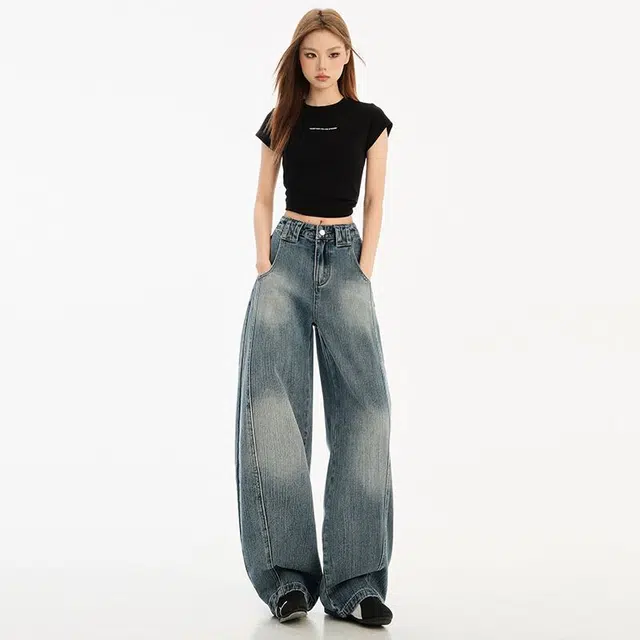 欧阳喜 节解构宽松弯刀美式复古水洗阔腿牛仔裤女 女款