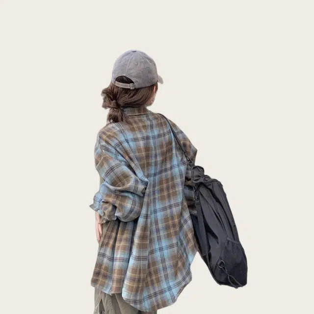 欧阳喜 宽松翻领舒适休闲长袖衬衫 女款 蓝色格子