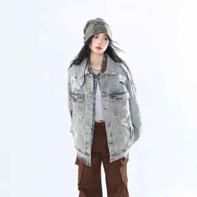 欧阳喜 水洗潮牌高街设计感宽松翻领长袖牛仔外套 女款 蓝色