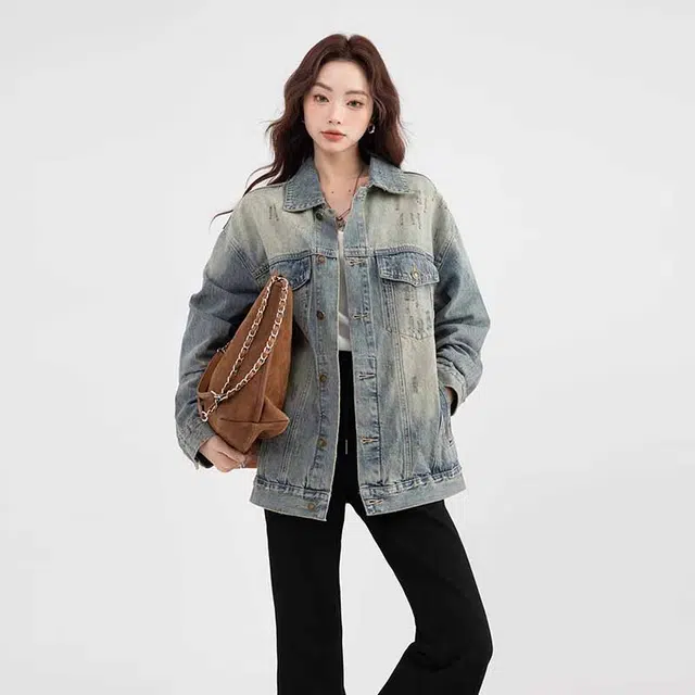 欧阳喜 复古水洗长袖时尚短款牛仔外套 男女同款 做旧蓝
