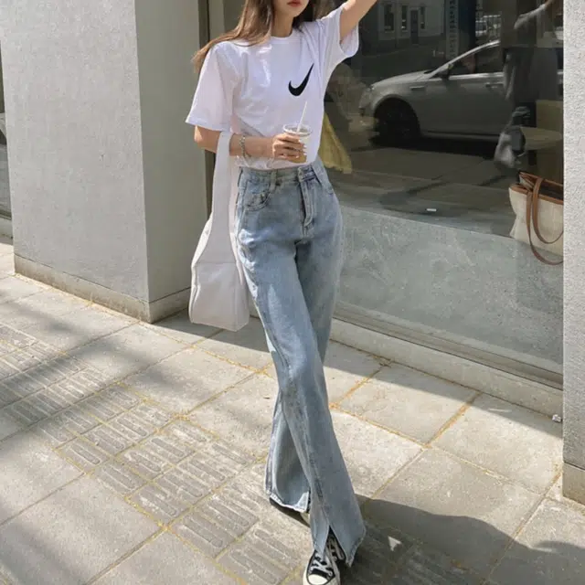 欧阳喜 拖地裤开叉高腰百搭宽松直筒阔腿牛仔裤 女款